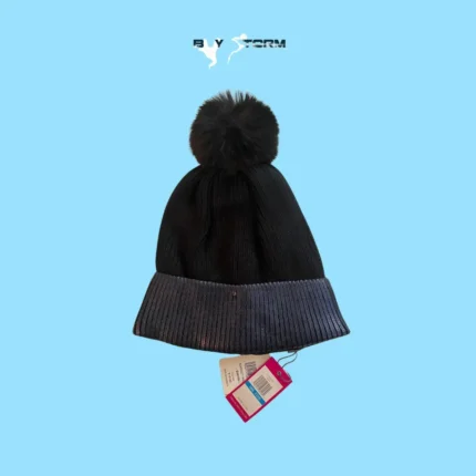 Girls’ Black Knit Beanie with Pom – Shiny Ribbed Cuff Winter Hat