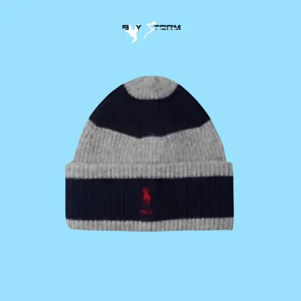 Grey & Navy Knit Beanie– Cuffed Winter Hat